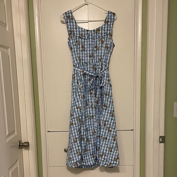 Chic Blue Checkered Floral Midi Dress - Picture 5 of 5